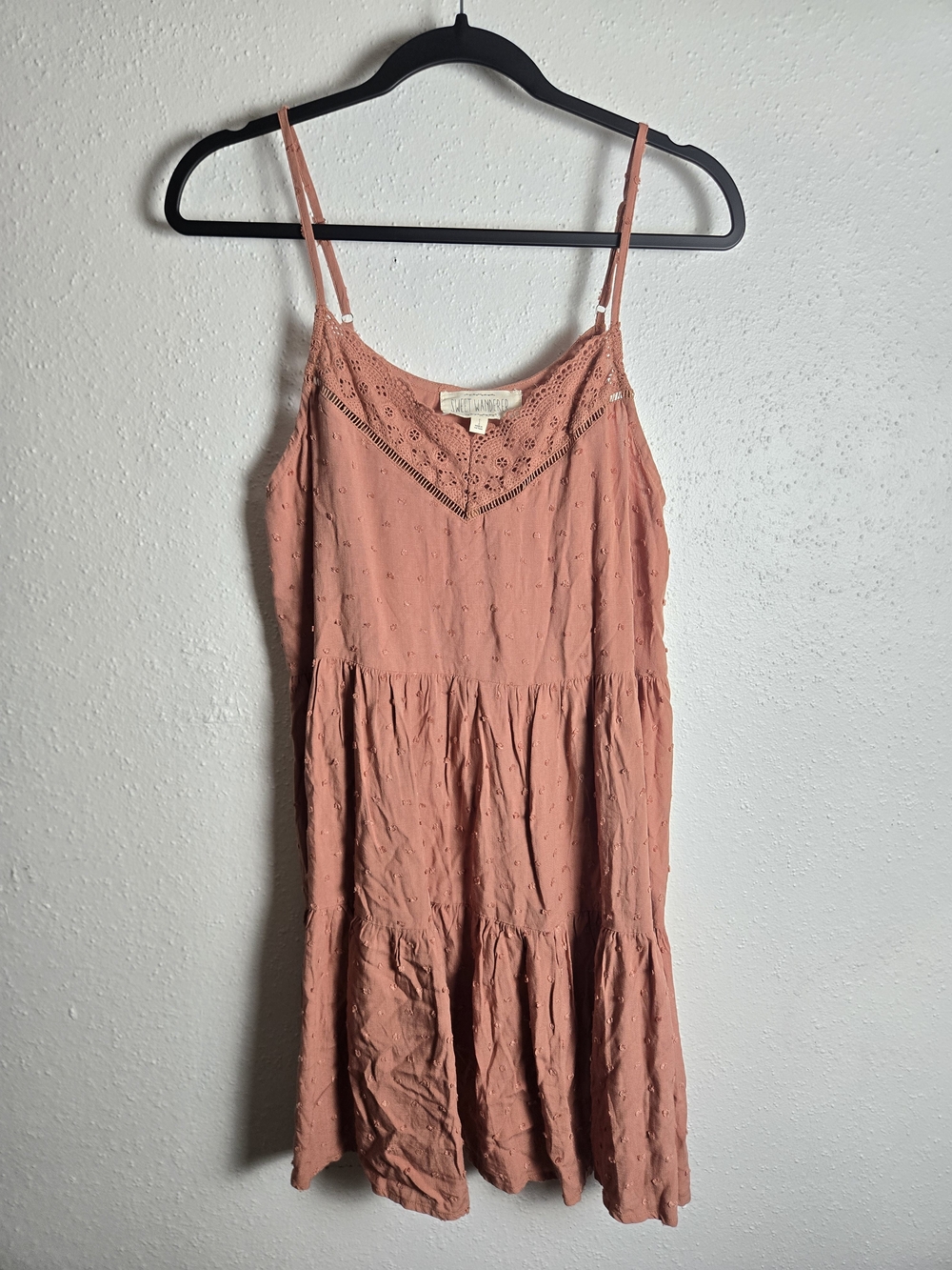 Spaghetti Strap Eyelet Tiered Dress in Dusty Rose Sweet Wanderer